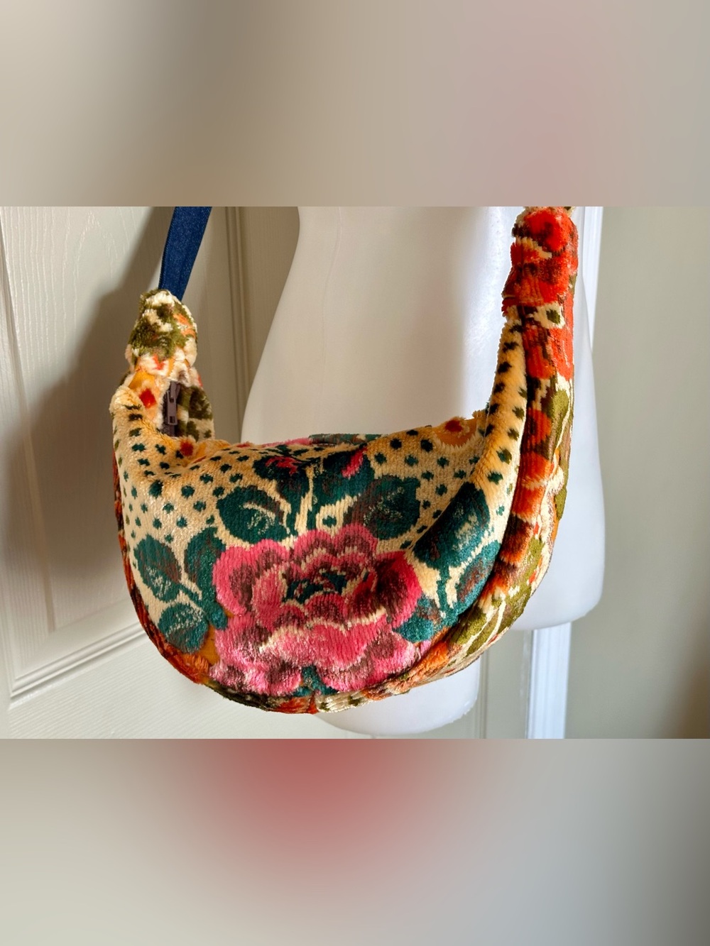 Handmade Floral Tapestry Crescent Crossbody Bag